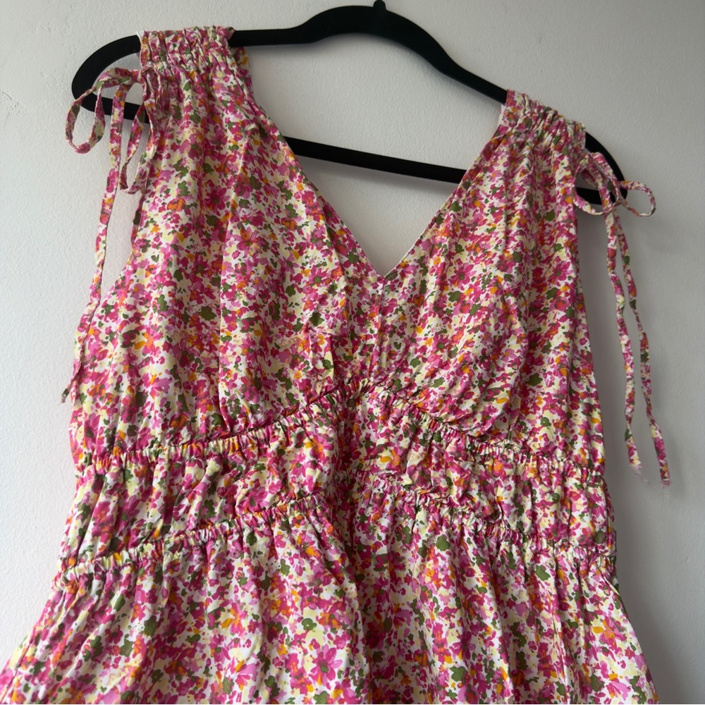 Time and Tru Pink Floral V-Neck Tie-Shoulder Mini Dress - Picture 3 of 6